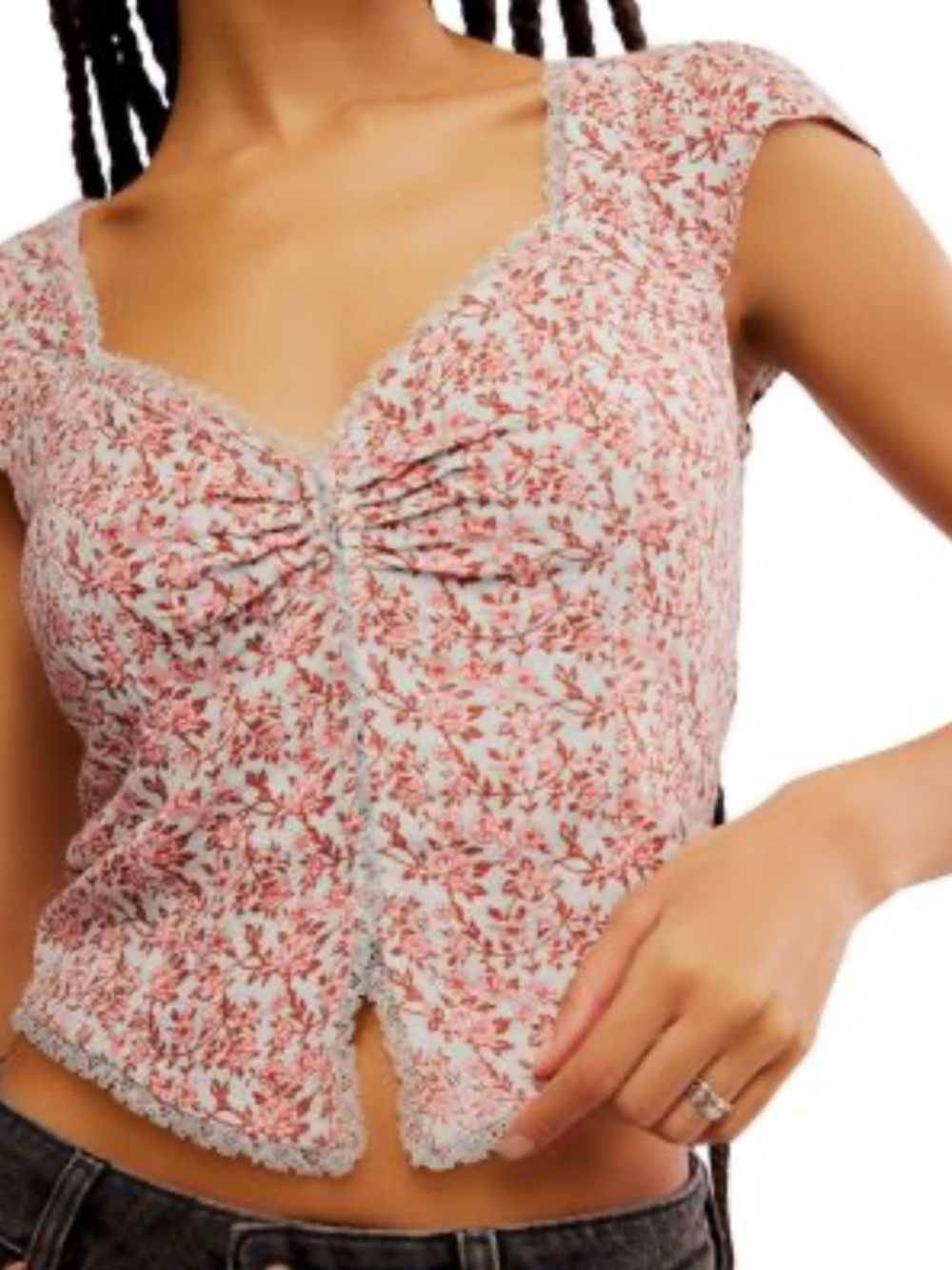 Free People Pink Floral Lace-Trim Top